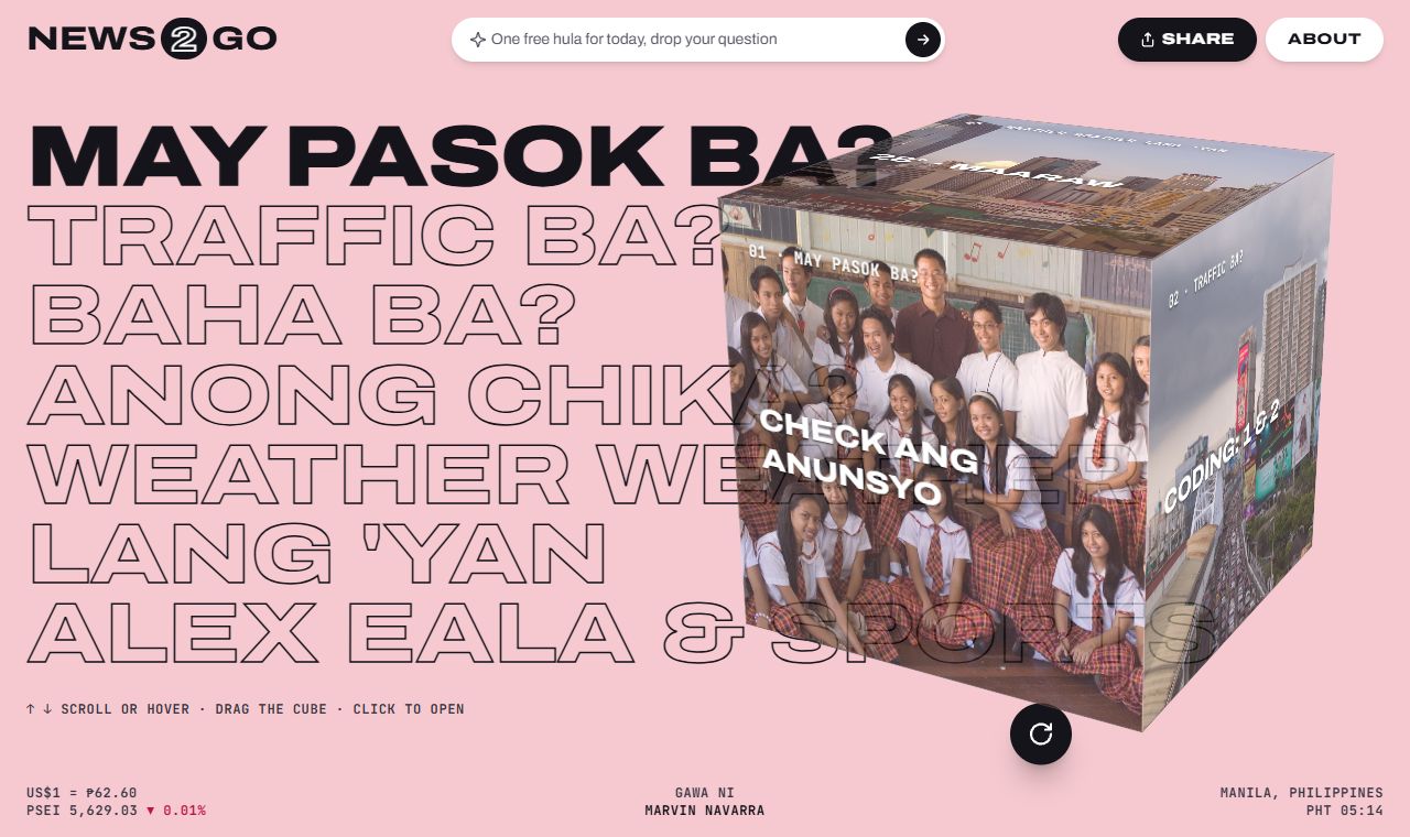 News2Go homepage: a 3D photo cube next to the questions May pasok ba?, Traffic ba?, Baha ba? and Anong chika?
